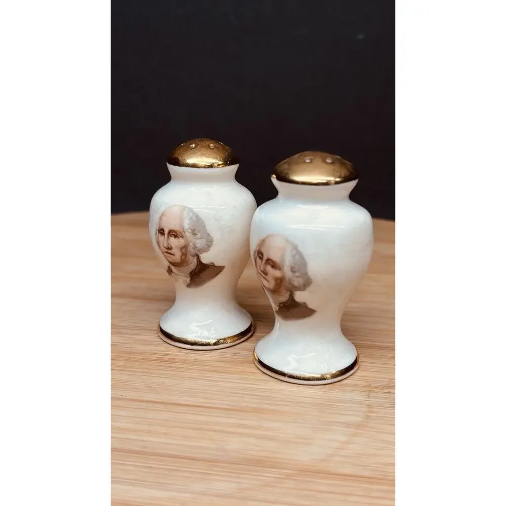 Vintage George Washington Portrait Salt & Pepper Shakers Gold Trim Ceramic